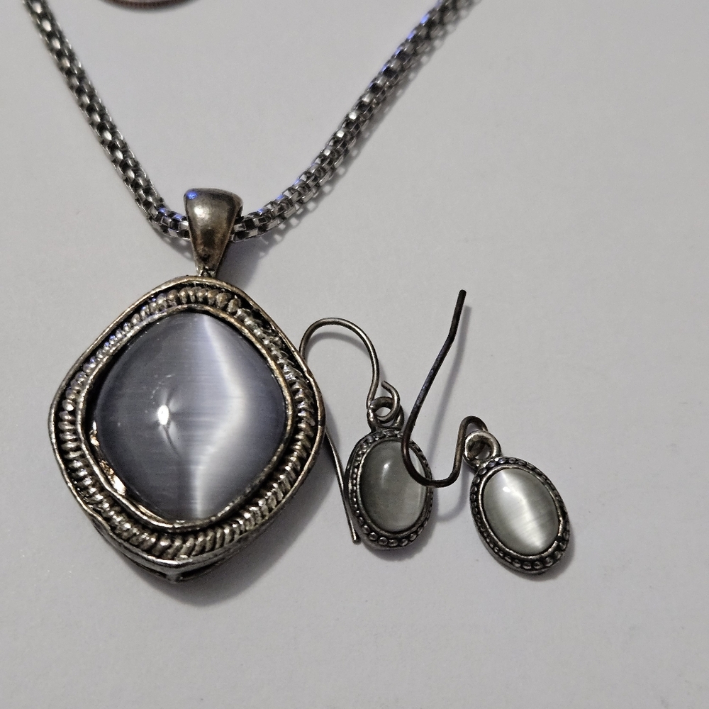 Necklace Pendant Set with Matching Earrings With Blue And Grey Colors